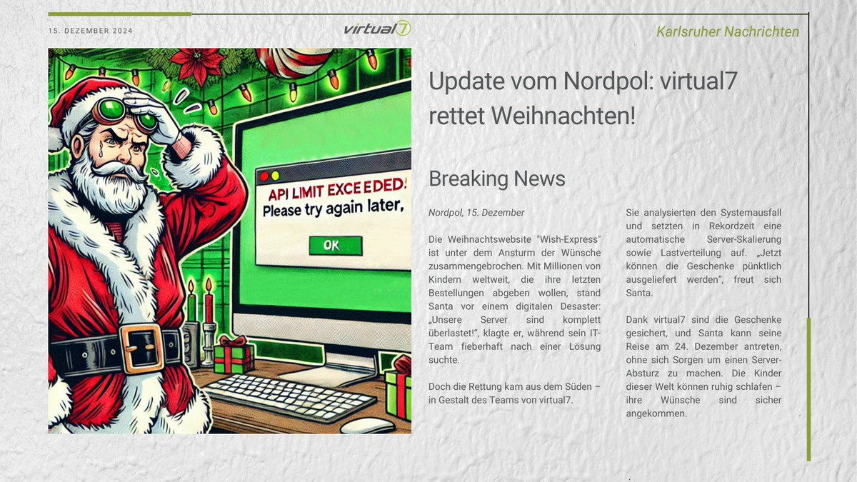 🎄✨ Zum 3. #Advent eine Weihnachtsgeschichte mit IT-Magie! Santa stand vor einem digitalen Desaster: Überlastete Server und Millionen Wünsche. Kann #Weihnachten gerettet werden? 👉 Lies die ganze fiktive 😉 Story!