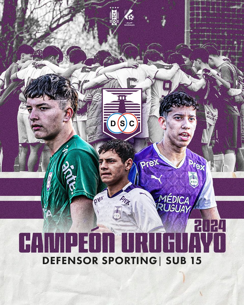JuvenilesAUF's tweet photo. 🏆¡𝗖𝗔𝗠𝗣𝗘𝗢𝗡𝗘𝗦!

@DefensorSp es el ganador del Campeonato Uruguayo Sub-15.

¡Felicitaciones, Violeta! 💜

#FábricaDeTalentos https://t.co/k2nYl10DZX