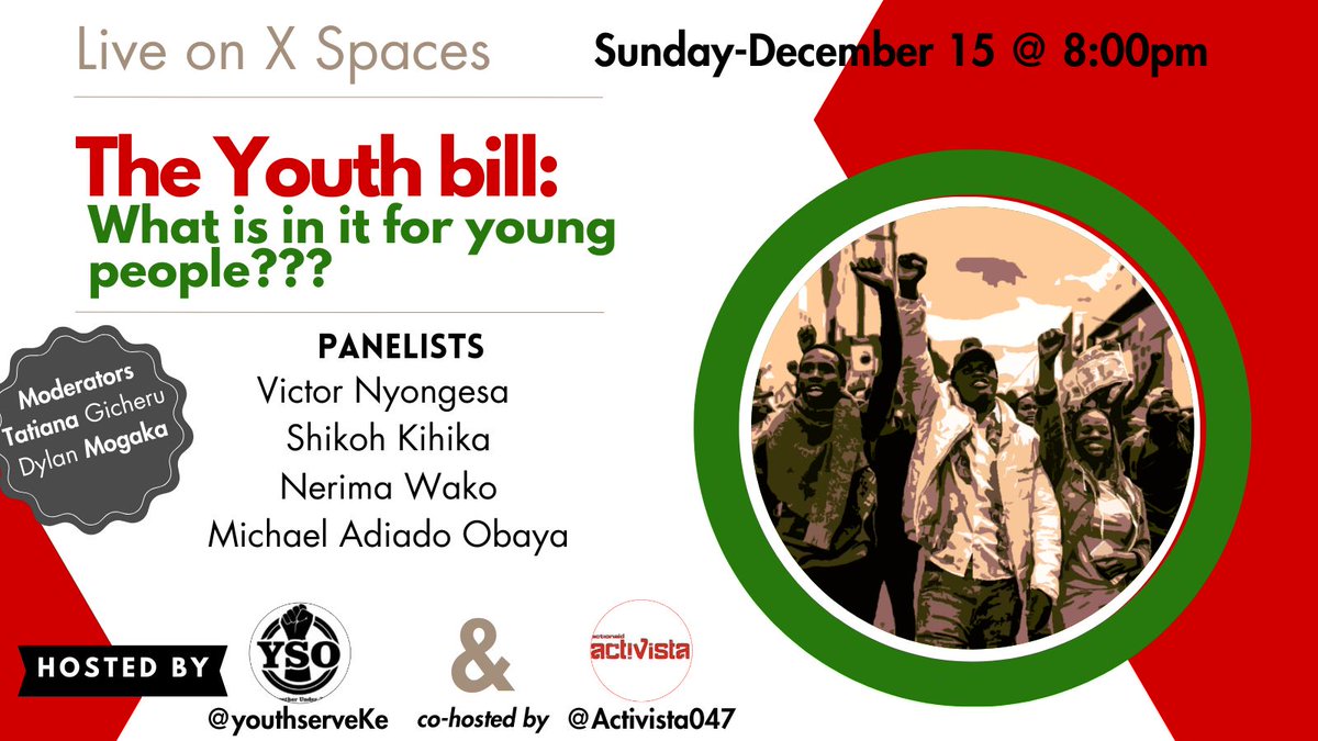 Activista047's tweet photo. The @SDY_Ke drafted the Youth Bill which is meant to address different issues faced by young people in Kenya.
Join us tonight on an X Space hosted by @YouthserveKe and co hosted by @Activista047 as we dissect the bill and understand what is in it for young people.
#YouthBill https://t.co/v652bqses5