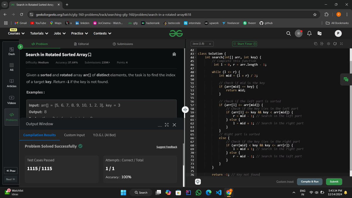 pawankumar0471's tweet photo. Day 20✅ DSA Problem "Search in roated sorted array".#gfg160 #geekstreak2024 #geeksforgeeks #CodingChalleng https://t.co/bzNXIUQ6Kr