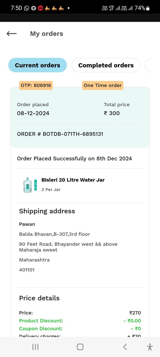 PawanChindalia's tweet photo. Bisleri water 20L cane ka order humne 8 Dec.2024 ko diya aur amount bhi bhar diya onile lekin aaj din tak uski delivery nahi huai. Roj complaint li jati hai aur ticket create ki jati hai fir delivery attempt ka message aata hai fir fail kar detye hai company se. https://t.co/QAWZKc1uDx