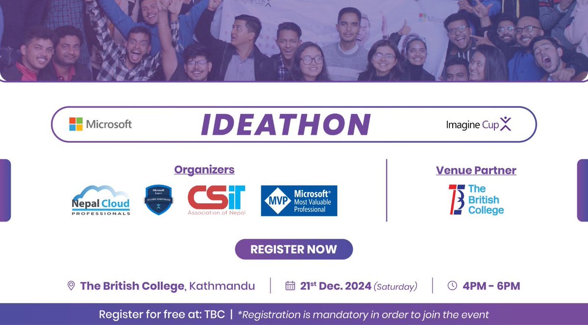MSFTICNepal's tweet photo. 🚀 𝗜𝗗𝗘𝗔𝗧𝗛𝗢𝗡 𝗞𝗮𝘁𝗵𝗺𝗮𝗻𝗱𝘂 𝗳𝗼𝗿 𝗠𝗶𝗰𝗿𝗼𝘀𝗼𝗳𝘁 𝗜𝗺𝗮𝗴𝗶𝗻𝗲 𝗖𝘂𝗽 𝟮𝟬𝟮𝟱!
🎟 Free Registration:
Students:https://t.co/U40a7L1Ju7
Mentors:https://t.co/RTselniQcI
#ImagineCup #ImagineCup2025 #Ideathon #NepalCloudPro #MLSA #CSITAN https://t.co/pkjOzYBdEK