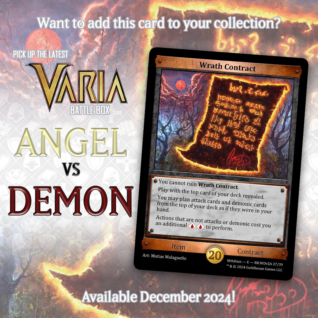 Ready to sign your soul away? Just sign our wrath contract! 📃

This is a good item to have if you plan your attack and demonic cards correctly! 👹

(There's more details within the card to look at! )🔥 

Get it this December within our Angel VS Demon box. It's really cool. Give