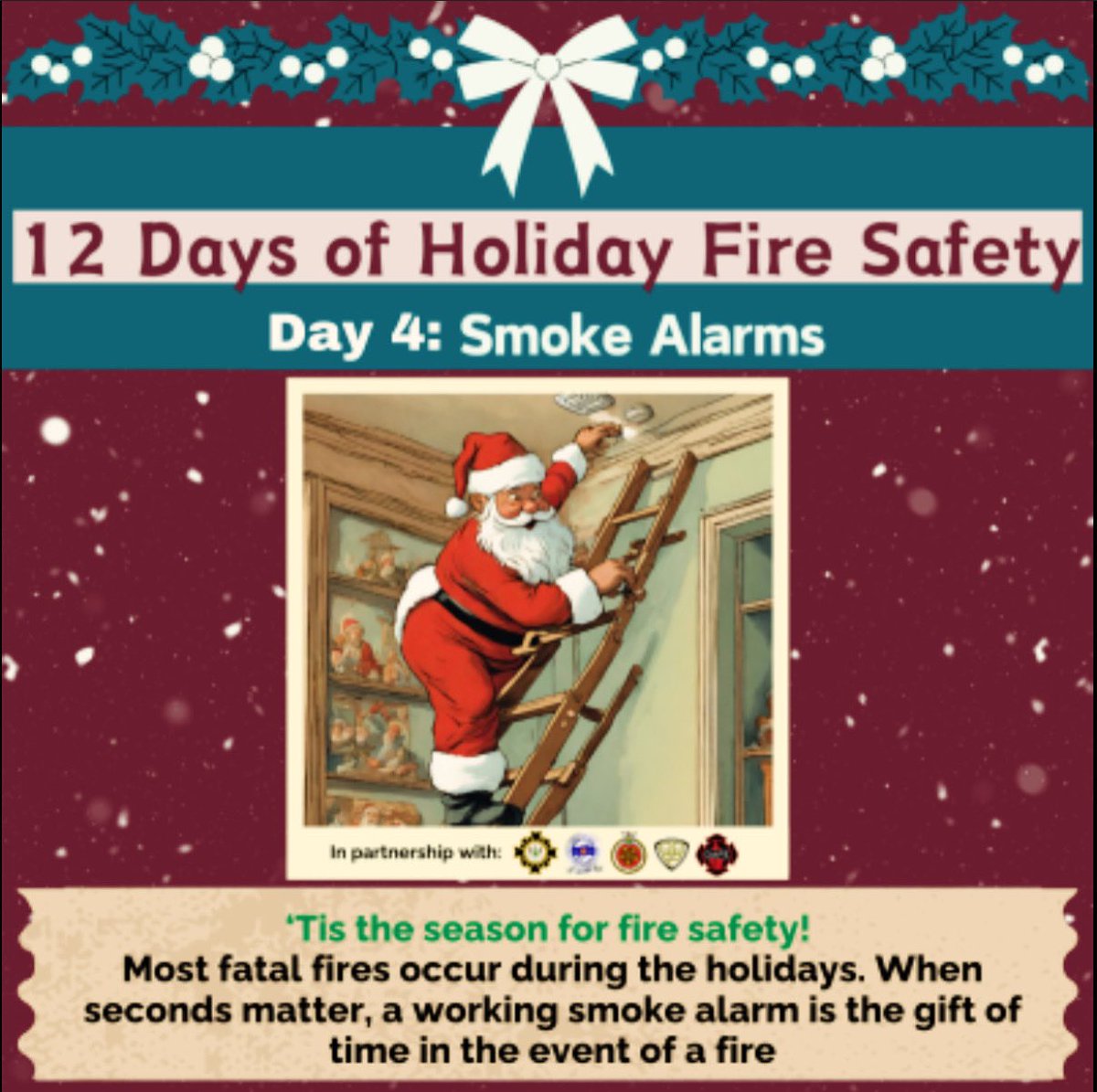 ‘Tis the season for fire safety! Most fatal fires occur during the holidays. When seconds matter, a working smoke alarm is the gift of time in the event of a fire. An alarm on every storey, tested monthly, and batteries replaced annually, is the best gift you’ll give your family!