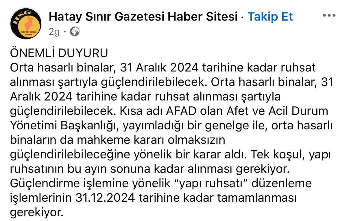 Merhaba Mustafa Bey, sosyal medyada Orta hasarlı yapıların yapı ruhsatı alınması şartıyla güçlendirilebileceği söylentileri dolaşmakta.. resmi olarak bir açıklamaya rastlamadık. Sizin konuyla ilgili bir bilginiz varsa bizi bilgilendirebilir misiniz rica etsem? <a href="/mustafadilek/">Mustafa Dilek</a>