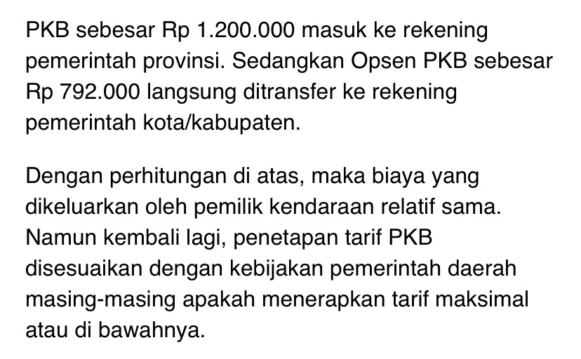 jacindarisfa's tweet photo. @purityringgu @CNNIndonesia Betul. Artikel di atas jg kurang lengkap. Padahal tarif pajak yg baru itu jg diterapkan bersamaan dgn aturan untuk menurunkan tarif PKB menjadi maksimal 1.2% saja. Pada akhirnya pajak yg hrs dibayarkan kurang lebih sama atau bahkan bisa lebih rendah dari tarif pajak lama https://t.co/IPkZ8xDguR