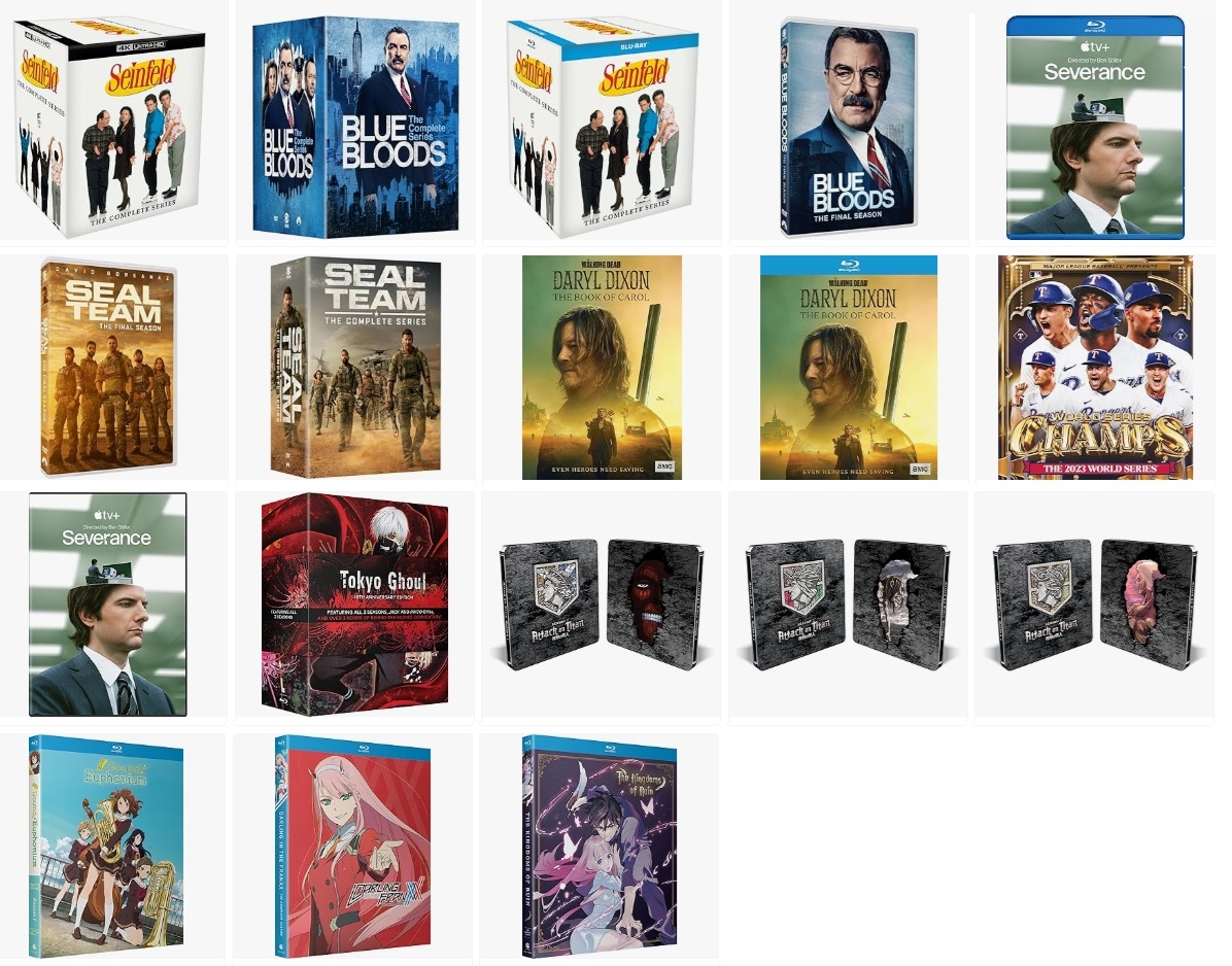 NoReruns's tweet photo. New Post: This Week's New TV-on-DVD/BD Releases https://t.co/ILMUMMi3su #Severance #TWDDarylDixon #BlueBloods #SEALTeam #Seinfeld #AttackonTitan #DARLINGintheFRANXX #SoundEuphonium #TheKingdomsofRuin #TokyoGhoul #2023WorldSeriesChampions https://t.co/UaOPS4yErl