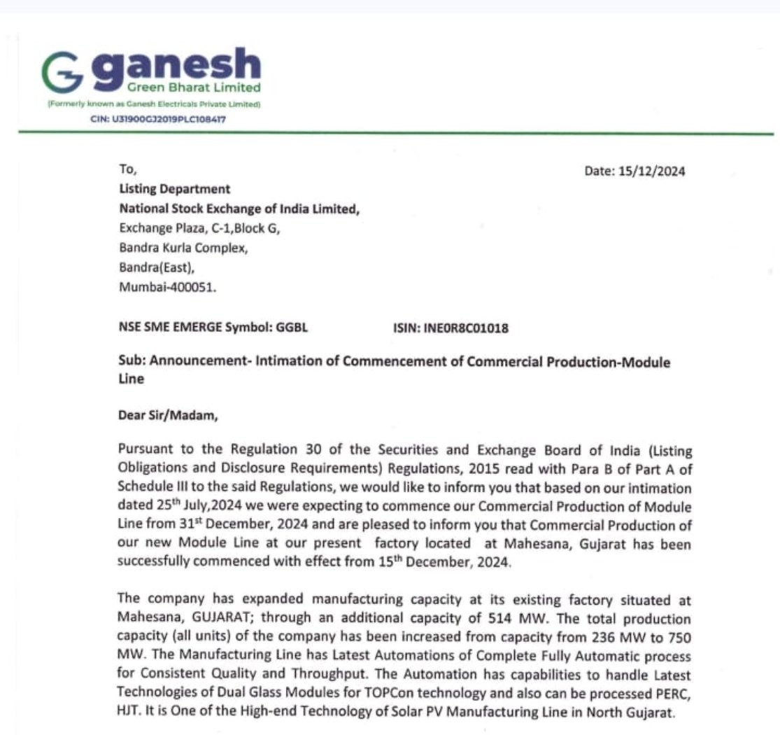 nid_rockz's tweet photo. Ganesh Green Bharat
#GGBL
#GaneshGreen
Commercial production of new module line has successfully started from today
514 MW additional capacity got added
Mach Conference
#MCEL
#MachConference
Launch of dedicated religious tourism department
Announces Maha Kumbh Mela 2025 Package Sales