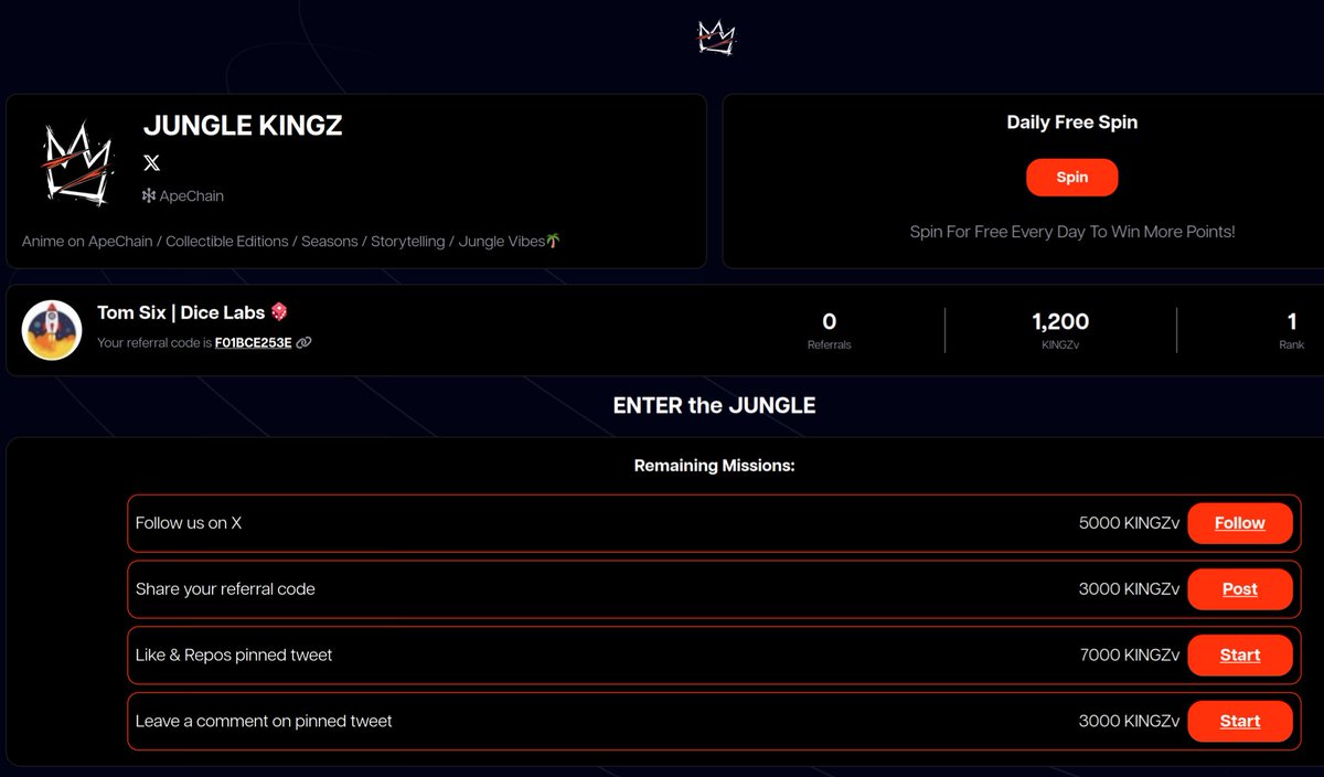 junglekingz_'s tweet photo. ENTER the JUNGLE 🌴Campaign 

We are introducing our launch campaign
do simple quests & engage with us in a gamified way 

• EARN $KINGZv (virtual token) 

• Chance to WIN ApeChain NFTs
• Chance to WIN $APE 
• Chance to WIN WL spots

Sign up now and start earning 💰 
https://t.co/k09O8jVPjF