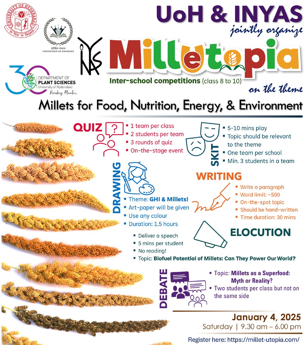 We are delighted to announce "Millet-Utopia 2025," an annual inter-school competition for the students of classes 8 to 10 in the Hyderabad region!

For details: millet-utopia.com

<a href="/HydUniv/">Univ of Hyderabad</a> <a href="/INYAS_INSA/">Indian National Young Academy of Sciences (INYAS)</a> <a href="/slsuohyd/">School of Life Sciences, University of Hyderabad</a> <a href="/TOIHyderabad/">TOI Hyderabad</a> <a href="/THHyderabad/">The Hindu-Hyderabad</a> <a href="/uohcomm/">Dept of Communication University of Hyderabad</a>