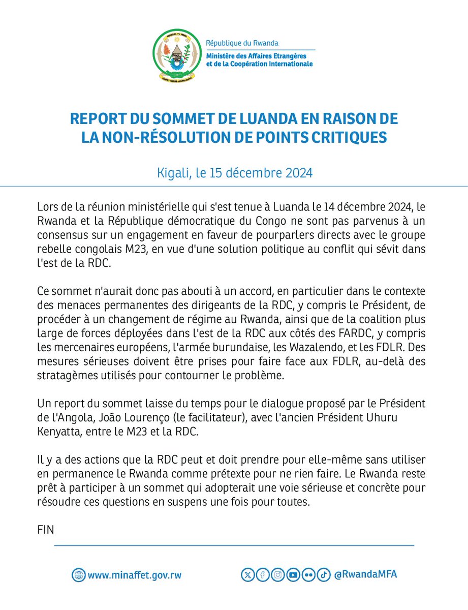 RwandaMFA's tweet photo. REPORT DU SOMMET DE LUANDA EN RAISON DE LA NON-RÉSOLUTION DE POINTS CRITIQUES

🔗: https://t.co/eiNklAAfvA https://t.co/iAZ6Acqm5B