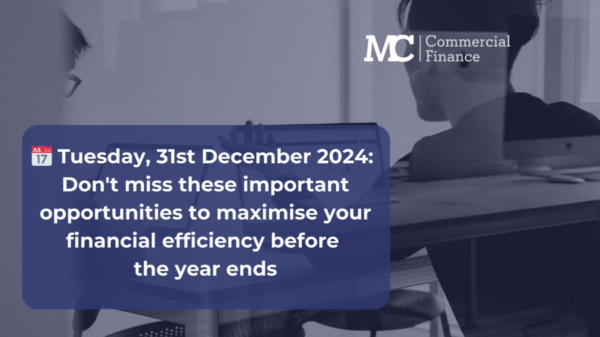 MCCFinance's tweet photo. Tuesday, 31st December 2024: Key Year-End Financial Deadlines

Don't miss these important opportunities to maximise your financial efficiency before the year ends
💼
#YearEndPlanning #FinancialDeadlines #TaxPlanning #BusinessFinance https://t.co/JsxNsXEHls