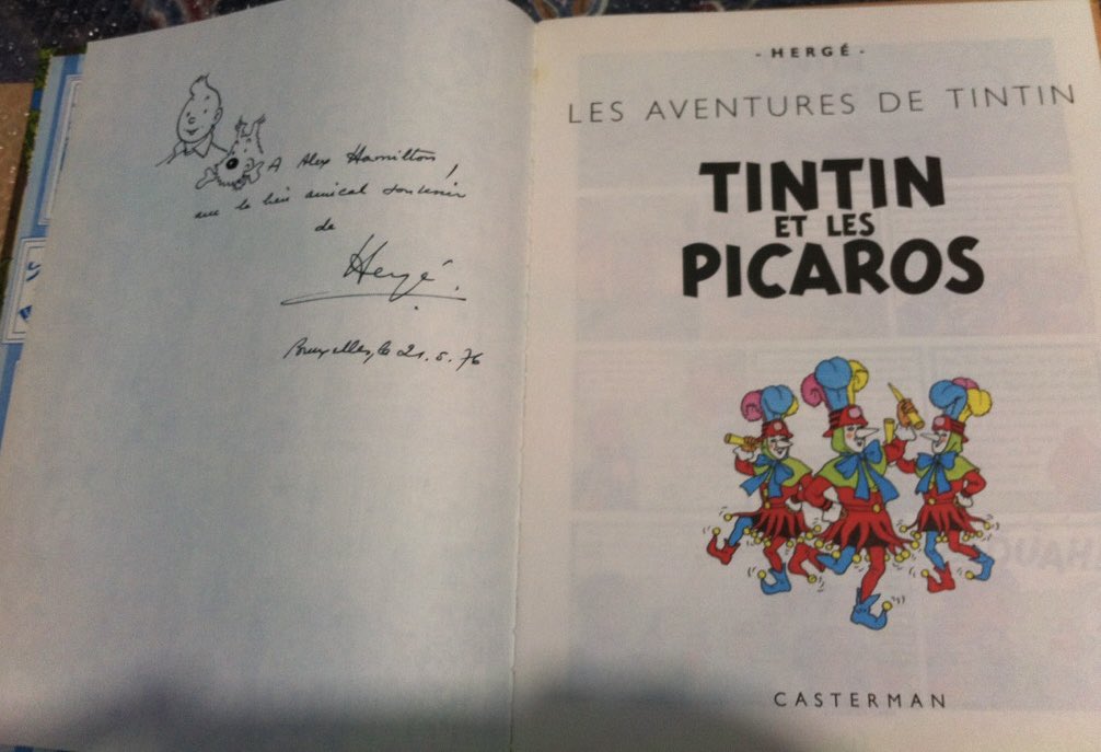 philography's tweet photo. HERGE SIGNED 'TINTIN ET LES PICAROS' - FIRST EDITION 1976 - WITH ORIGINAL HAND DRAWN TINTIN AND SNOWY ON THE INSCRIPTION
#tintin #snowy #herge #picaros #rare #comic #firstedition https://t.co/ufzJP5rt5l