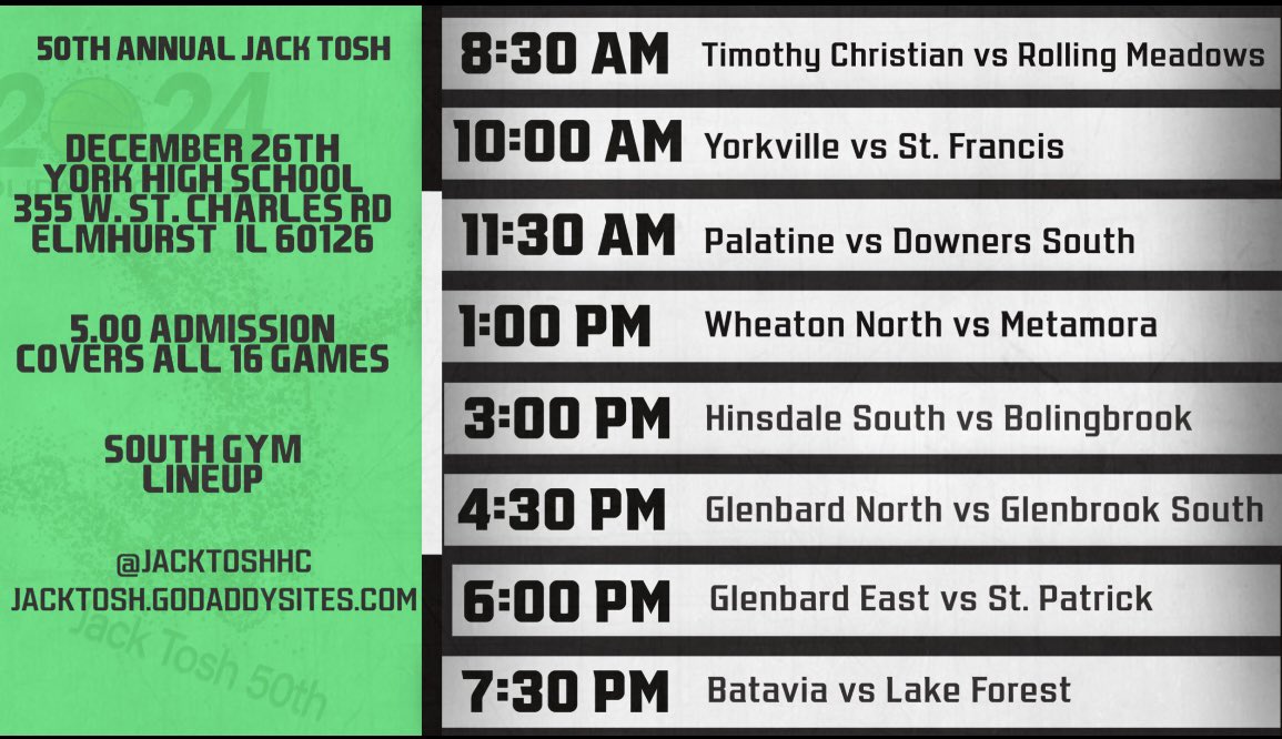 JackToshHC's tweet photo. 11 days from the tip-off of the 50th Annual Jack Tosh. Schedules for Day 1 are below. Hope to see everyone out for the tournament this year. https://t.co/MaNqC9r3xP