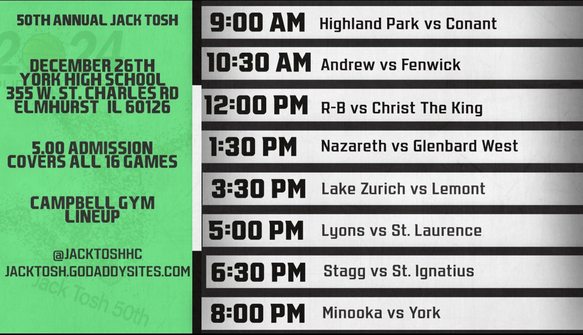 JackToshHC's tweet photo. 11 days from the tip-off of the 50th Annual Jack Tosh. Schedules for Day 1 are below. Hope to see everyone out for the tournament this year. https://t.co/MaNqC9r3xP