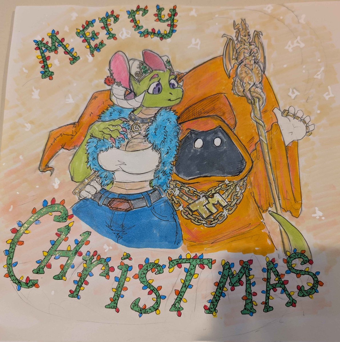 Christmas drawing for <a href="/Shady_Macaw/">Treasure Mage</a> with his wizard and Tonic
Really happy with how this came out and that it got to him safely alone with all the snacks