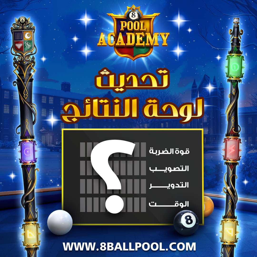 8ballpoolarabia's tweet photo. تحديث لوحة نتائج #PoolAcademy ! 🎱 🏫 ✨
شاهد تطور إحصائيات Force# #Aim #Spin و #Time في #AnimatedCue الجديدة الذي سيحصل عليها الجميع #FREE يوم الأربعاء 18 ديسمبر! ✨
🗓️ ترقيات كل أيام الأسبوع
اكتشف الآن » https://t.co/TApFWXrqSM
#8BallPool #CommunityQuest #8BallPoolArabia https://t.co/WArPYjVpl6