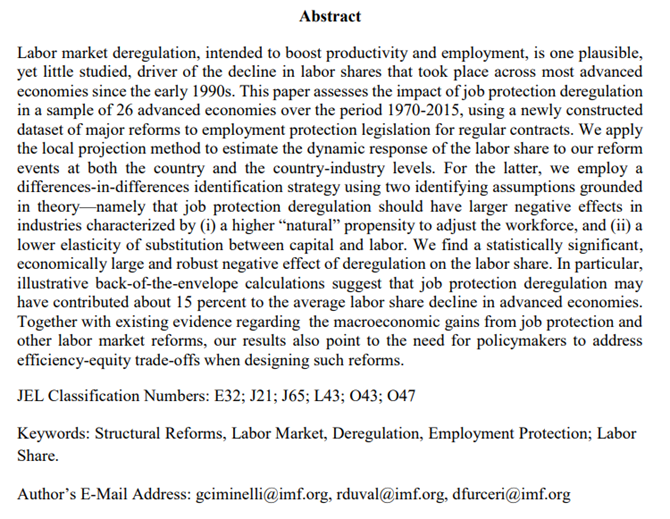 EconAndes's tweet photo. #EconPaper | IMF Working Paper (2018): "Employment Protection Deregulation and Labor Shares in Advanced Economies".
Análisis del impacto de la desregulación laboral en 26 economías avanzadas, de 1970 a 2015, en la participación del trabajo en el ingreso nacional. https://t.co/H7GF9zw48T