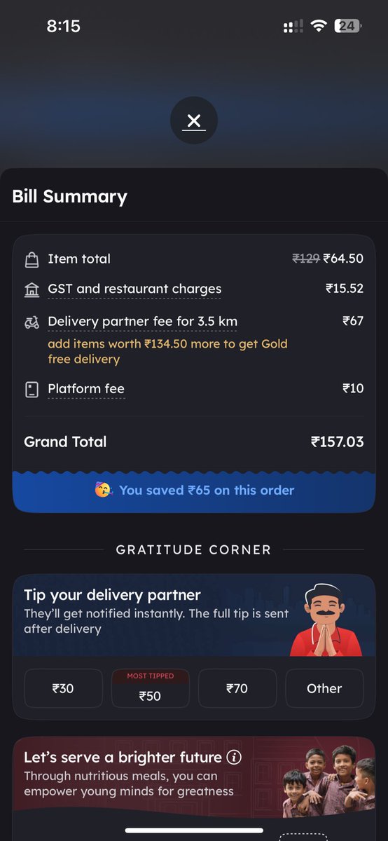 chandakm's tweet photo. @zomato @zomatocare how on earth do you explain this? For an order of 129 you first give 50%  discount and then add more than even the price of the product as delivery and platform fee!! And it’s even more hilarious that u have the audacity to say you still save  65 in the order? https://t.co/8jrJFtygA4