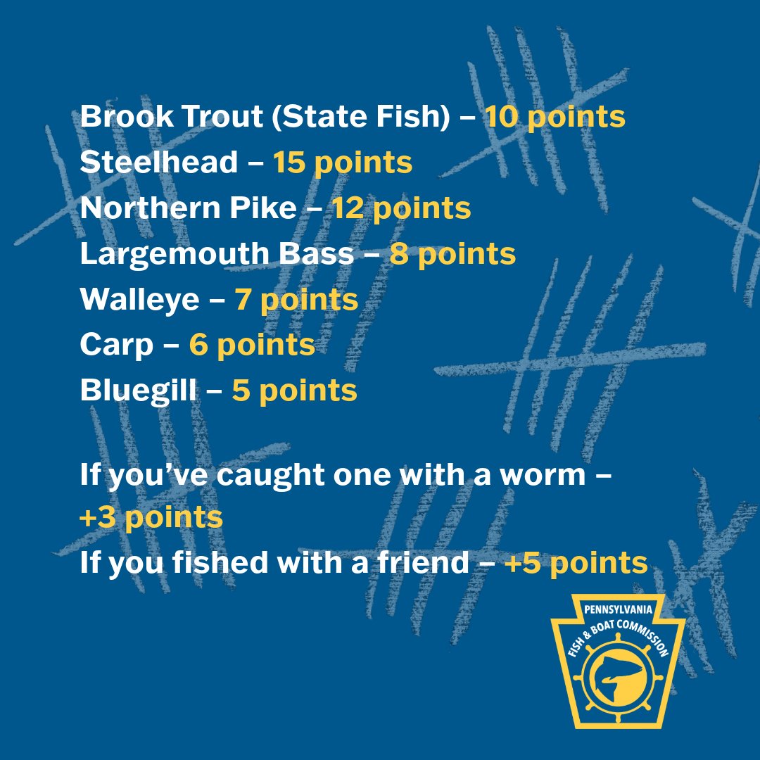 pafishandboat's tweet photo. Let's play Whatโs Your Fishing Score? ๐
Add up your PA catch points and share them!
#PAFishandBoat #Fish #AddItUp #Fishing #Angler #FishPA #CatchoftheDay https://t.co/48zxTQ24T3