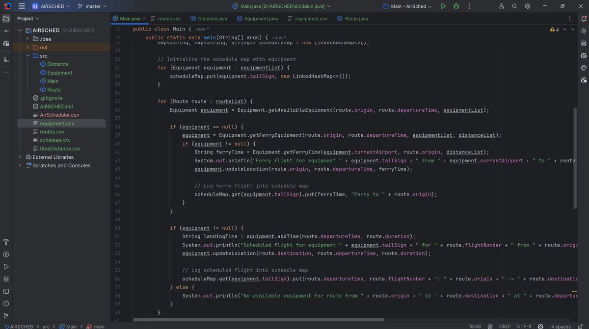 AnimishY's tweet photo. In today's episode of learning, I attempted to make a Java program that takes a day's schedule and available equipment (aircraft) and pair and schedule the flights (passenger and ferry both) to fulfil maximum routing.

@IndiGo6E @airindia @emirates @Airbus #Java #Coding #aviation https://t.co/aqdRtzuSt5
