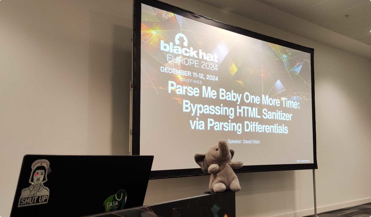 David K. (@ncd_leen) on Twitter photo Just returned from #BHEU. I presented my research on how server-side HTML sanitization is a security nightmare due to the mess that is HTML parsing.
Huge thanks to <a href="/BlackHatEvents/">Black Hat</a>, <a href="/InfosecVandana/">Vandana Verma</a>, and all the other great folks who made this such an amazing experience. Just returned from #BHEU. I presented my research on how server-side HTML sanitization is a security nightmare due to the mess that is HTML parsing.
Huge thanks to <a href="/BlackHatEvents/">Black Hat</a>, <a href="/InfosecVandana/">Vandana Verma</a>, and all the other great folks who made this such an amazing experience.