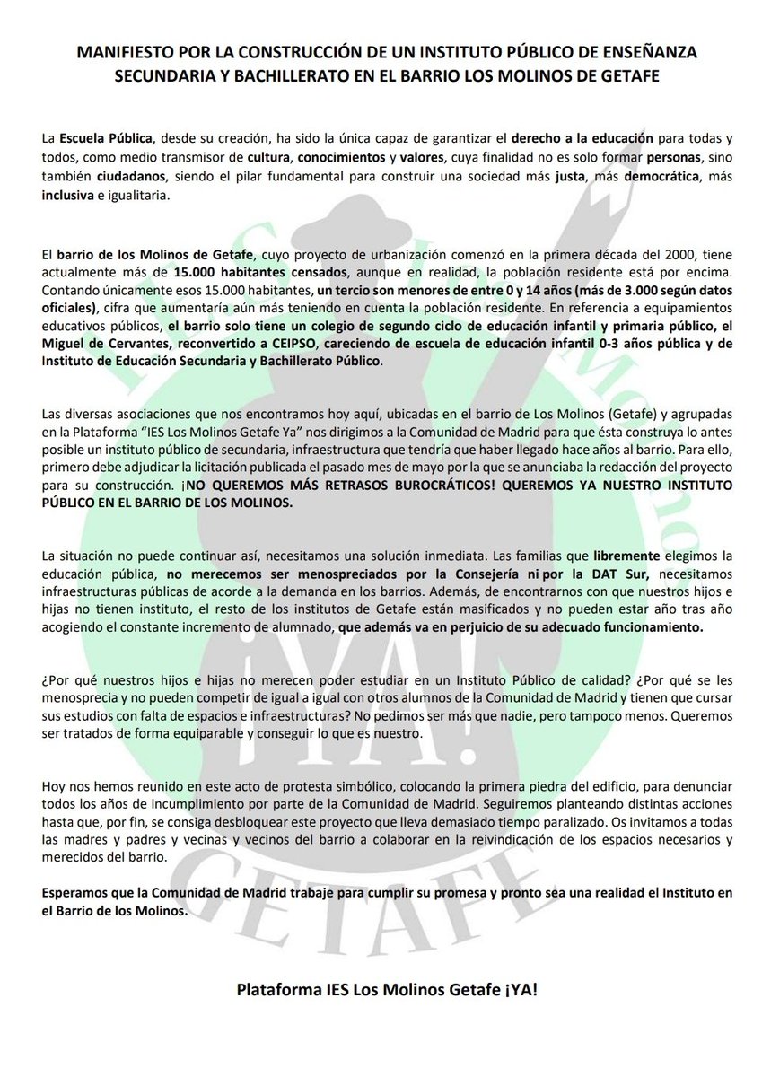 IESMolinosGtafe's tweet photo. ¿Por qué nuestr@s hij@s no merecen poder estudiar en un Instituto Público de calidad? ¿Por qué se les 
menosprecia y no pueden competir de igual a igual con otros alumnos de la CAM y tienen que cursar sus estudios con falta de espacios e infraestructuras? #IESLosMolinosGetafeYA https://t.co/7rt5fMpslN