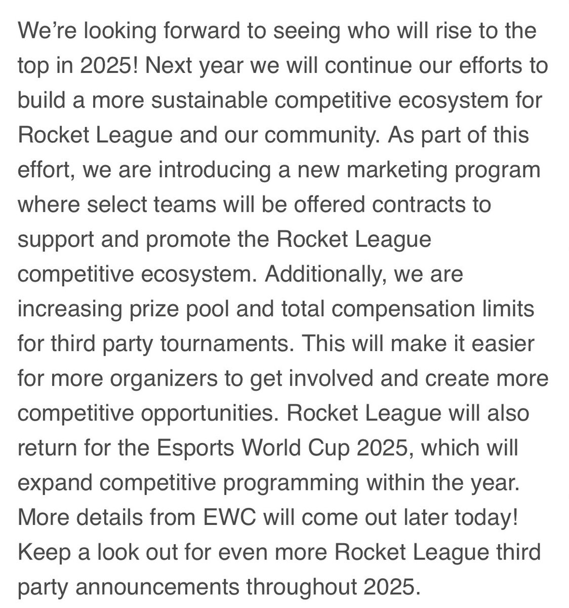 LiquipediaRL's tweet photo. Epic Games has announced a marketing program for orgs in RLCS 2025 to support the competitive ecosystem.

Additionally, Esports World Cup 2025 is confirmed to feature Rocket League again.

@RLEsports #RLCS https://t.co/SbVebr19gD