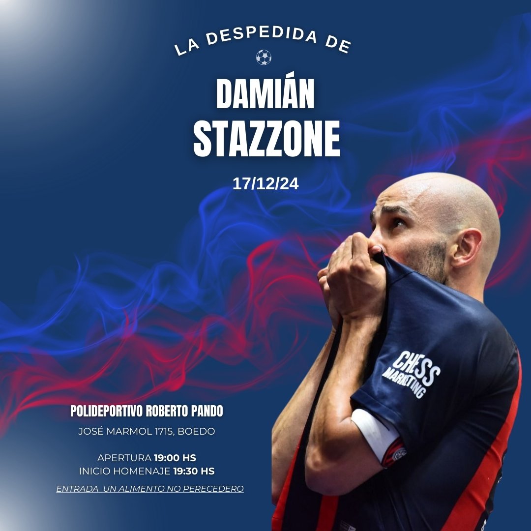 Cuelga los botines el Gran Capitán ⚽

¡ Todos están invitados para despedirlo !  🎫🌎
Este martes 17 , a partir de las 19 horas se abren las puertas  del Pando.

Habrá videos, sorteos y mucha emoción ... 💙🥹❤️

<a href="/StazzoneDamian/">Damian Stazzone</a> 
<a href="/CASLAFutsal/">CASLA Futsal</a> 
<a href="/SanLorenzo/">San Lorenzo</a>