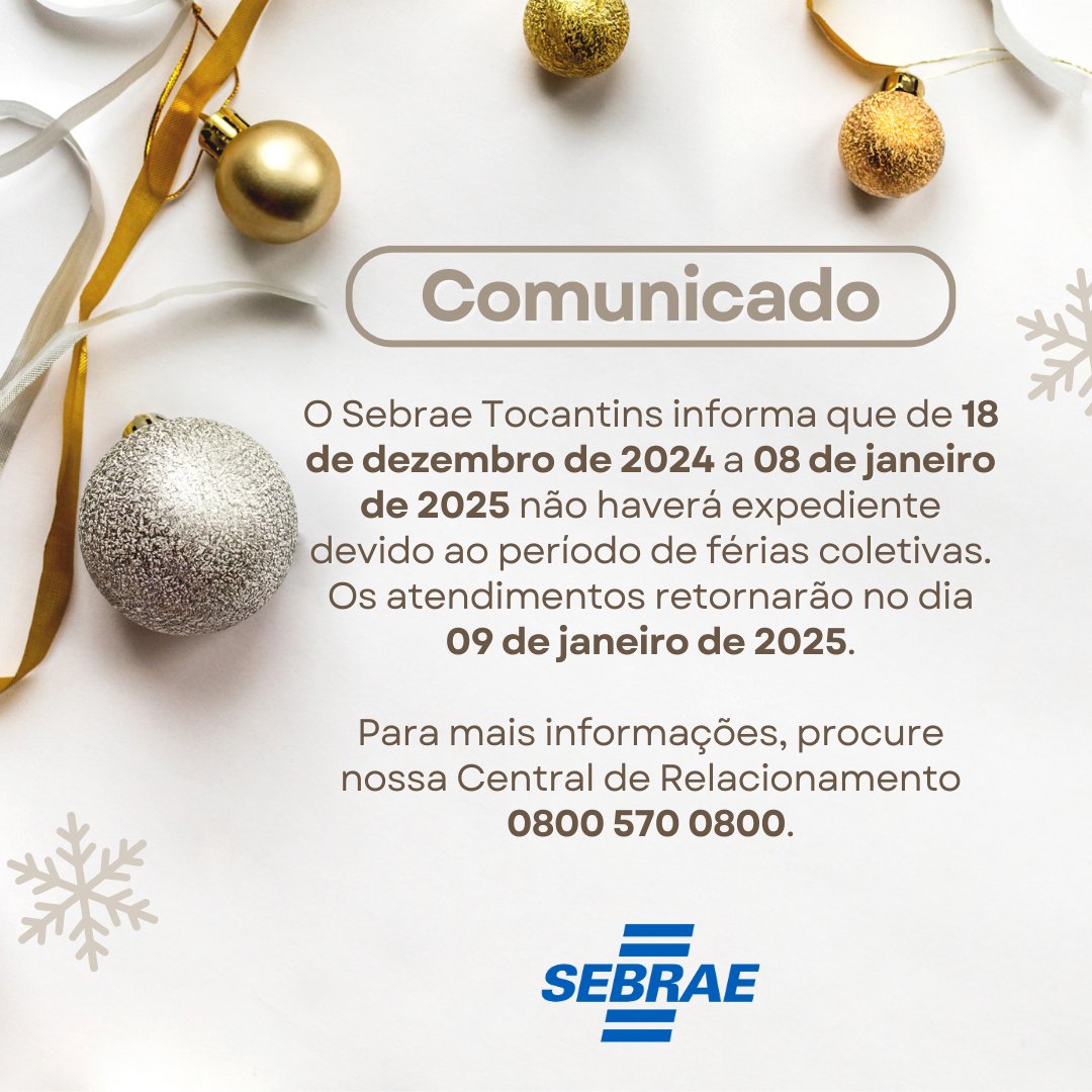 Fique atento ao nosso expediente neste final de ano. Aproveite que ainda dá tempo de ir a uma de nossas agências de atendimento e ser atendido.

Retornaremos no dia 9 de janeiro de 2025.

#SebraeTocantins #Sebrae #Funcionamento