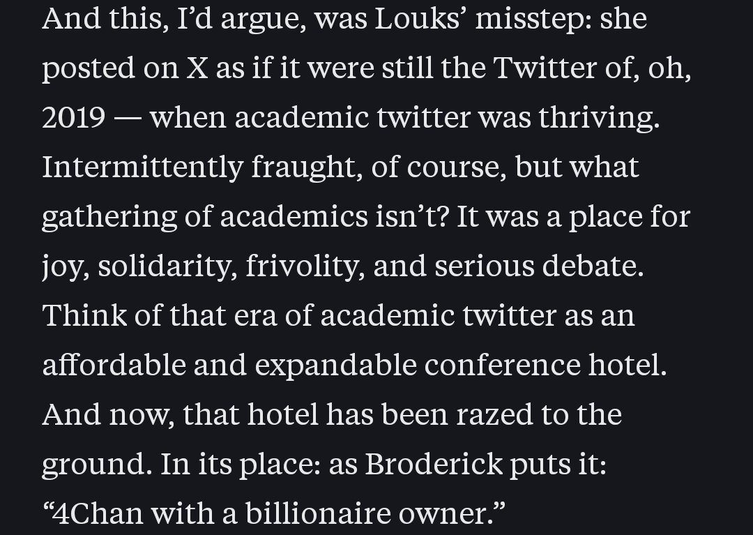 Miss u old id and research twitter, but also, its limits were the one of the larger academia context. via anne helen petersen