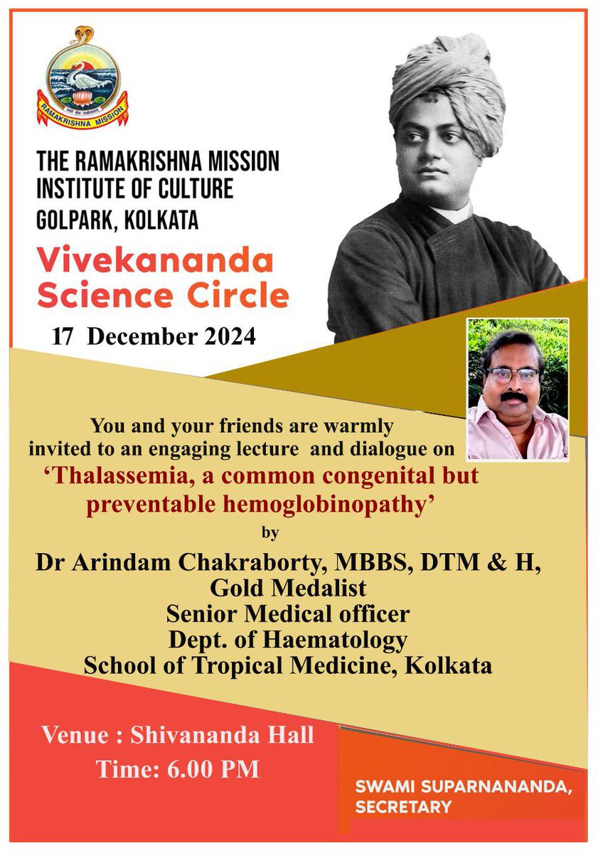 rmicgolpark's tweet photo. DIALOGUE ON 'THALASSEMIA, A COMMON CONGENITAL BUT PREVENTABLE HEMOGLOBINOPATHY
Date: 17th December, 2024 (Tuesday)
Time: 06:00 p.m.
Venue: Shivananda Hall
#event #dialogue #thalassemia #kolkata #RMIC https://t.co/3ipnEW38R5