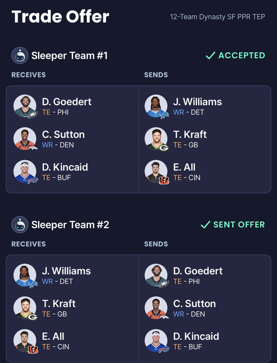 ContextCapper's tweet photo. Last minute win now trade, how'd we do?
A. Sutton
B. Williams
C. Both win now and tank
@FFDynastyTrades @FFDynastyGrill @MattFFDynasty #FFPlayoffs https://t.co/RYO3OHa0Ro
