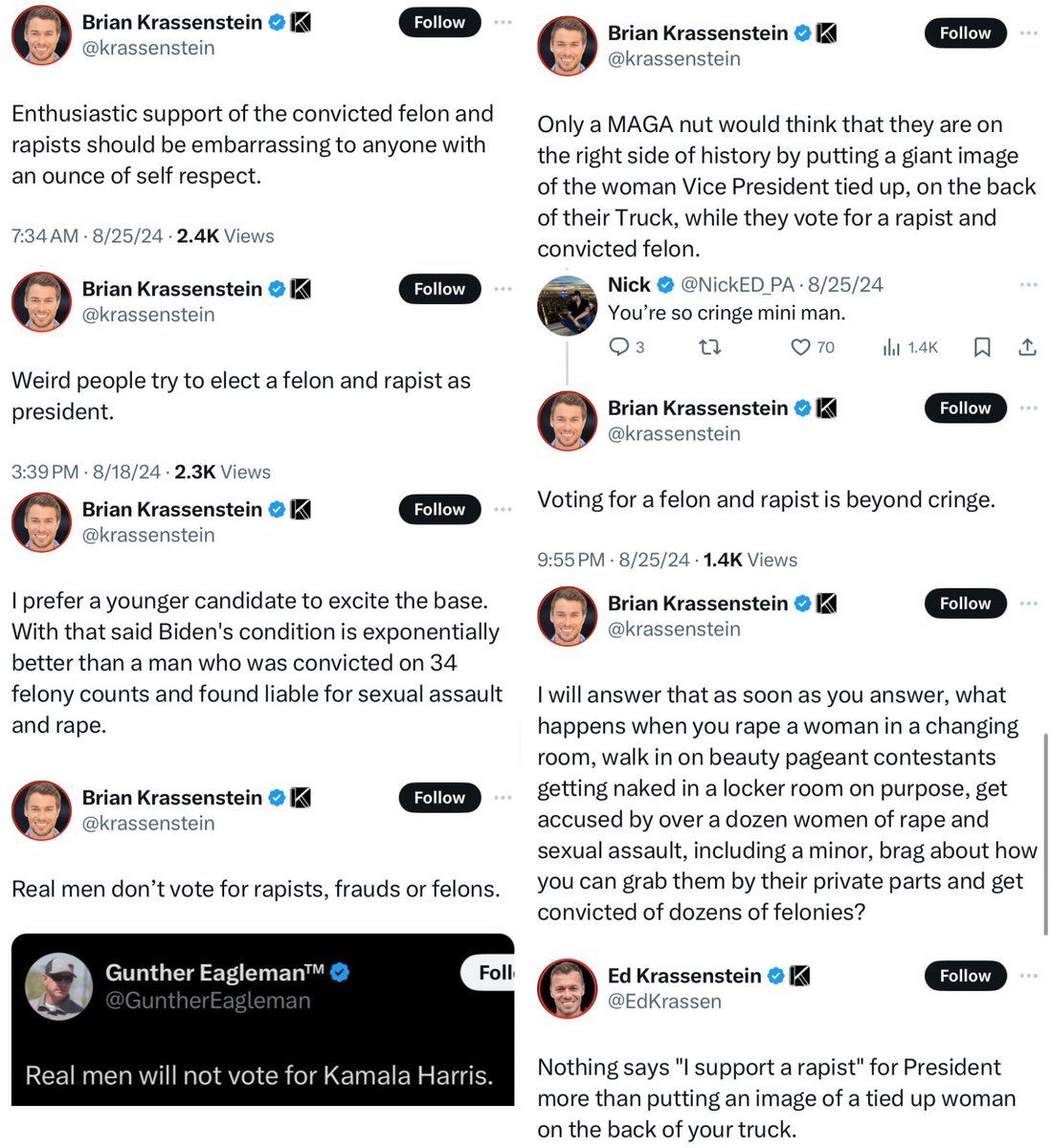 Badhombre's tweet photo. Here’s every time Brian and Ed Krassenstein have falsely claimed President Trump is a rap*st in the last few months, just in case anyone on Trump’s legal team wants to give these two the ABC/Stephanopoulos treatment. https://t.co/Lmelk5TbjV
