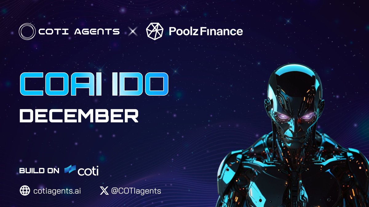COTIagents's tweet photo. 🚀 BIG NEWS: COAI IDO ANNOUNCEMENT 🚀

We’re teaming up with @Poolz__ Finance as our first Launchpad partner!

🤝 Get ready for the first AI project on the COTI Network to take off!

🗓️ Save the date this December!

We’re here to turn bold ideas into reality, bring AI Agents to life, and unlock a $50 billion opportunity.

Don’t wait - register now: https://t.co/2BwpGv51VE

Let’s make history! 🚀
#COAI #Poolz #COTI
