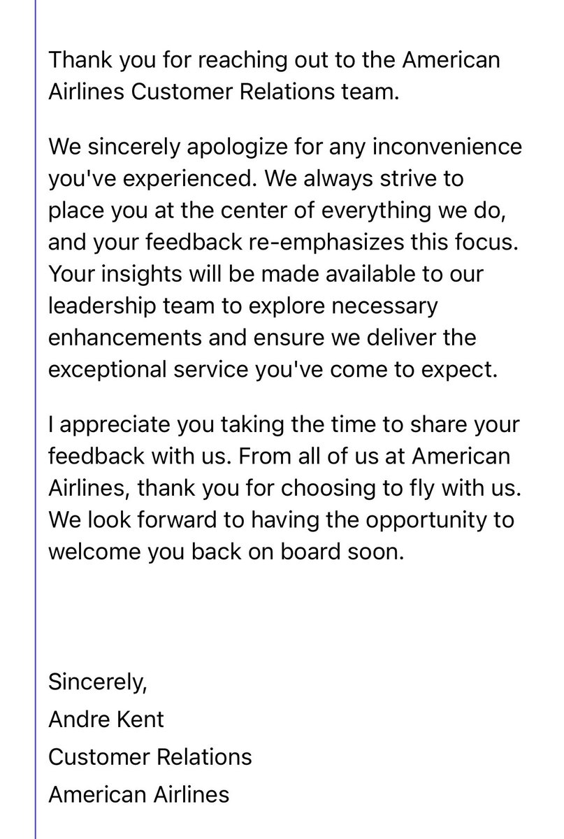 vannahmia's tweet photo. @AmericanAir This is not a resolution https://t.co/oetq4TASHm