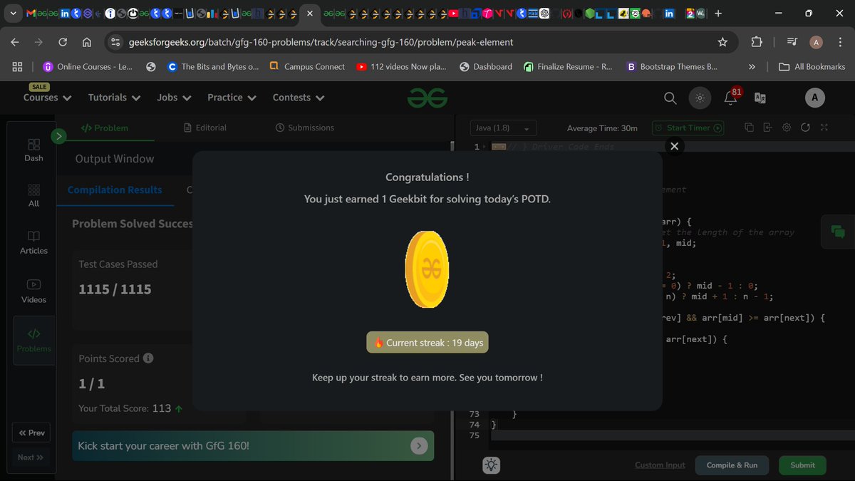 ASHUTOS47460496's tweet photo. today's problem : Peak element. Day - 19 #geekstreak2024 #dsa #learntocode #learndsa #160daysofcode #gfg #geeksforgeeksday Profile:- https://t.co/vi7CR9YdSE…………………………… code in Java. https://t.co/mt02UibyBt