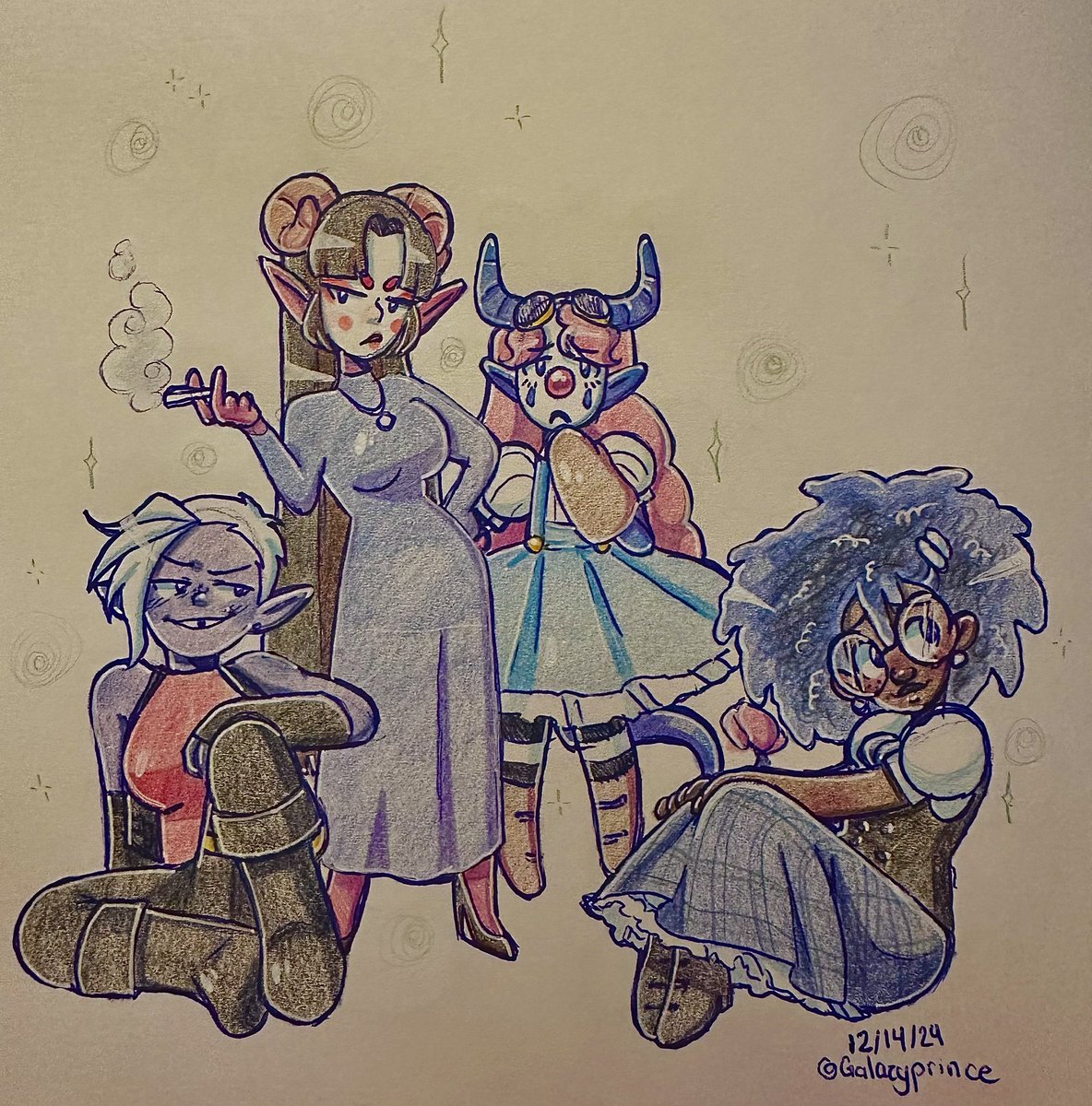 GalazyPrince's tweet photo. Had to draw a few of my girly pops. From left to right we havw Zoey, Kyoko, Lila, and Zuzu ( #oc #originalcharacter #dnd #dndoc #teifling #drowelf #tradtionalart ) https://t.co/Y1SD5oaiFS