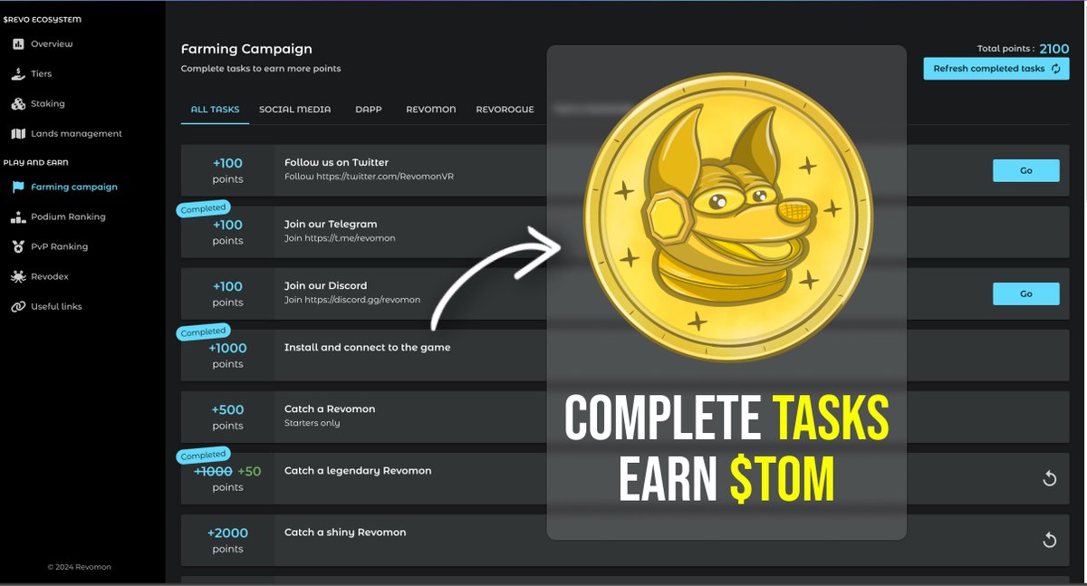 RevomonVR's tweet photo. The Farming Campaign introducing RevoRogue and Ton's Monsters mini-games is LIVE 💥
 
✦ Connect to https://t.co/lNYEF08JXL
✦ Complete tasks
✦ Earn points
✦ Points will be converted into $TOM #memecoin

#play2Airdrop #play2earn #tap2earn https://t.co/mi08oSFKnZ