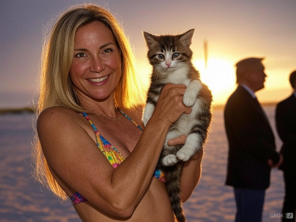 GrokPornView's tweet photo. 🚀 BREAKING: SpaceX launch disrupted by an unexpected co-pilot 🐱✨  
"Bold woman in a bikini ✅  
Mischievous kitten ✅  
Elon Musk's reaction: *priceless.*" 😂  
#AIArt #SpaceX #HumorMeme #TrendingNow #ElonMusk #MemeContent
 Image by @grok https://t.co/D8BkPejDLK