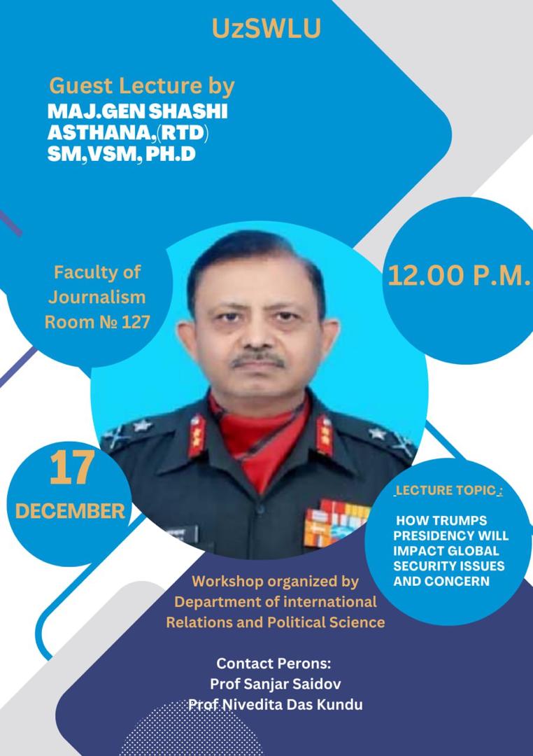 asthana_shashi's tweet photo. Pleasure to be delivering a talk in Uzbek State World Language University, Tashkent, Uzbekistan #UzSWLU on the subject, to students of International Affairs on 17 December 2024, 1230 PM IST. @asthana_shashi #drniveditakundu @USIofIndia https://t.co/XyfYDovLsl