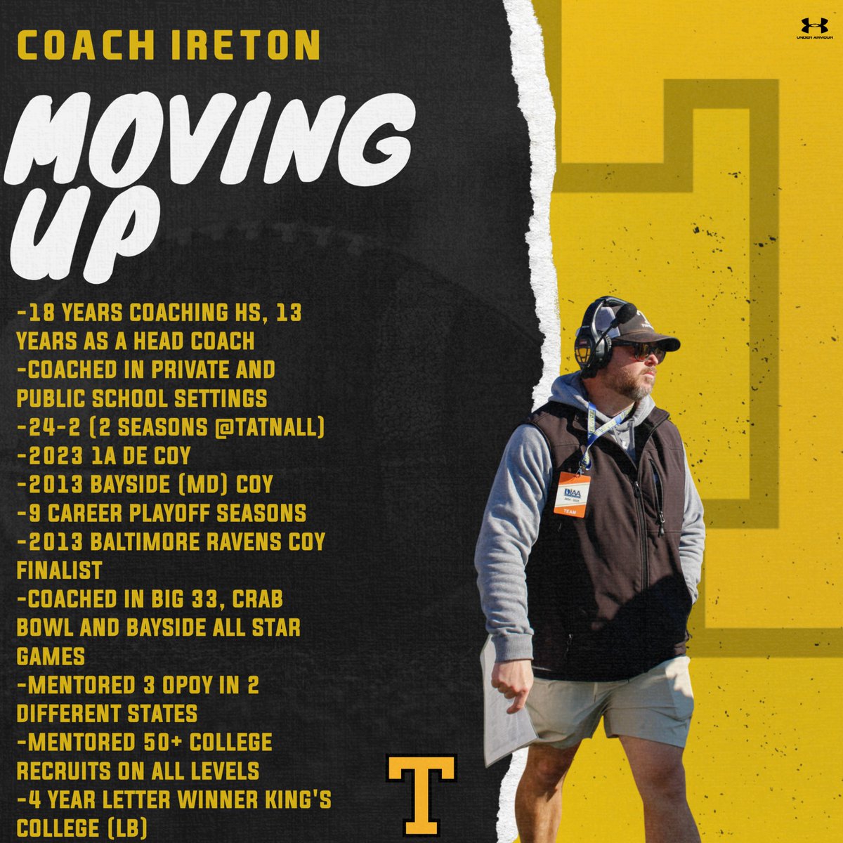 MOVING UP!
-Promotion to 2A
-Building a Tradition of Success
-To Notch Facilities
-Experienced Coaching Staff
-Why Not Tatnall?

#ftg