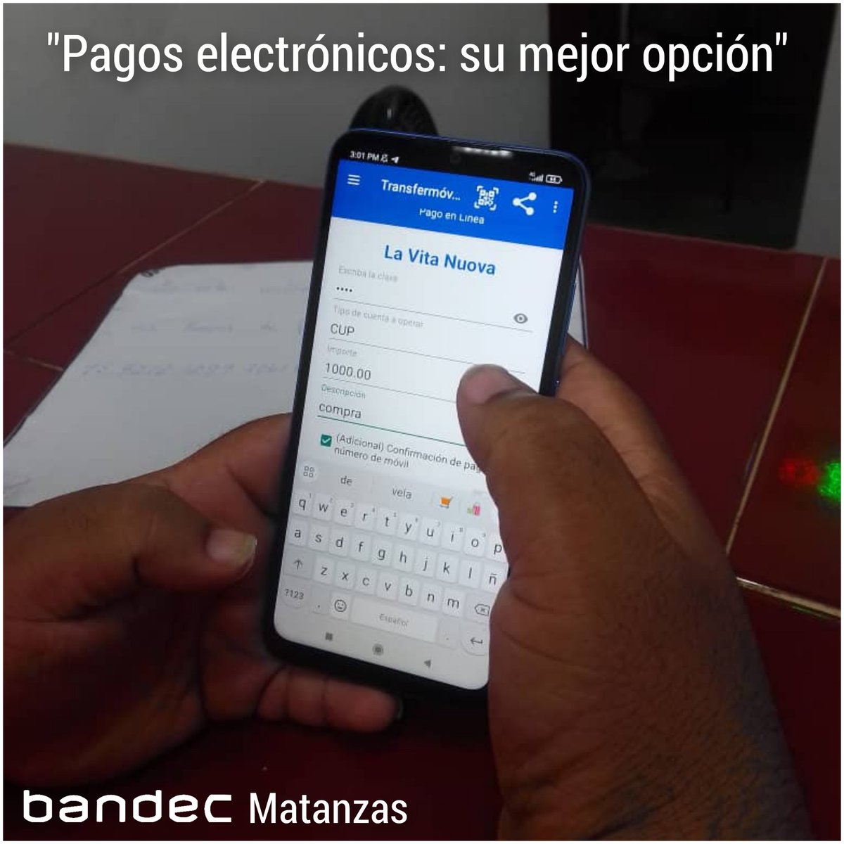 bandecmatanzas's tweet photo. ¿Por qué🤔 elegir las ventas a través del código QR?
1️⃣Comodidad: Tus clientes podrán pagar rápidamente con solo escanear el código, sin necesidad de efectivo o tarjetas💳.
2️⃣Seguridad: Reduce el riesgo de manejo de efectivo.
@BancoCentralCub
#BandecNoSeDetiene
Siga el hilo https://t.co/NpU2UuEyo0