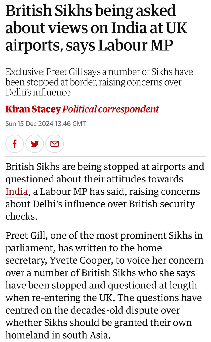British Sikhs being asked about views on India at UK airports, says Labour MP

Exclusive: Preet Gill says a number of Sikhs have been stopped at border, raising concerns over Delhi’s influence

amp.theguardian.com/world/2024/dec…