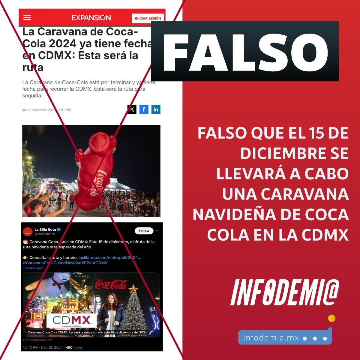 infodemiaMex's tweet photo. ❌Falso que el 15 de diciembre se llevará a cabo una #CaravanaNavideña de Coca Cola en la CDMX

✅El @GobCDMX informó el 12 de diciembre que no ha dado autorización para realizar la caravana navideña de la empresa privada, por lo que, no se llevará a cabo

➡️https://t.co/xzJQkHgQbf