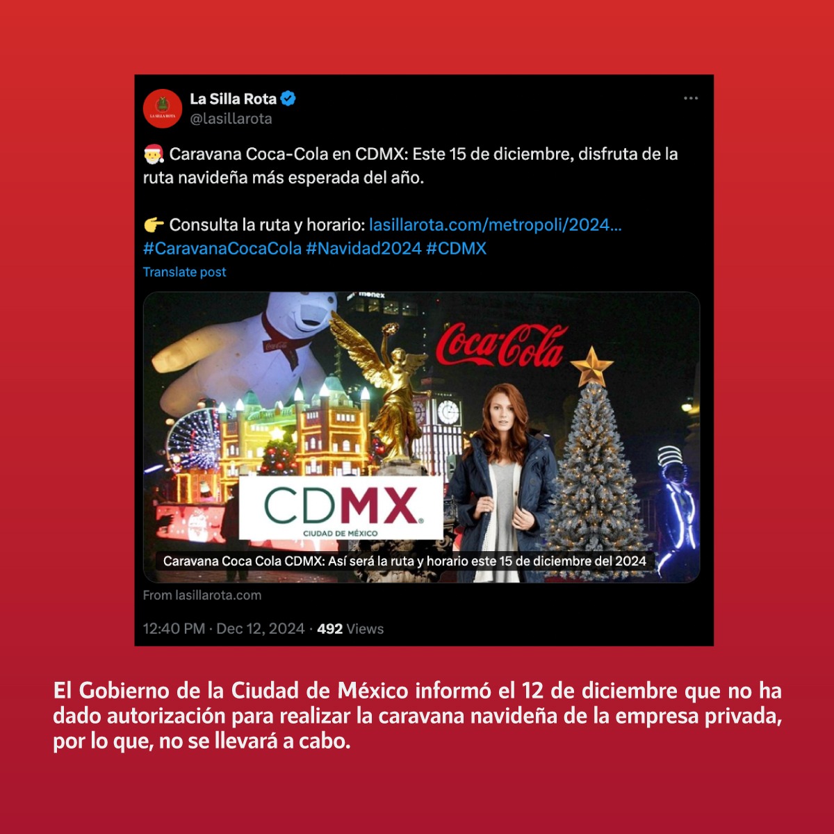 infodemiaMex's tweet photo. ❌Falso que el 15 de diciembre se llevará a cabo una #CaravanaNavideña de Coca Cola en la CDMX

✅El @GobCDMX informó el 12 de diciembre que no ha dado autorización para realizar la caravana navideña de la empresa privada, por lo que, no se llevará a cabo

➡️https://t.co/xzJQkHgQbf