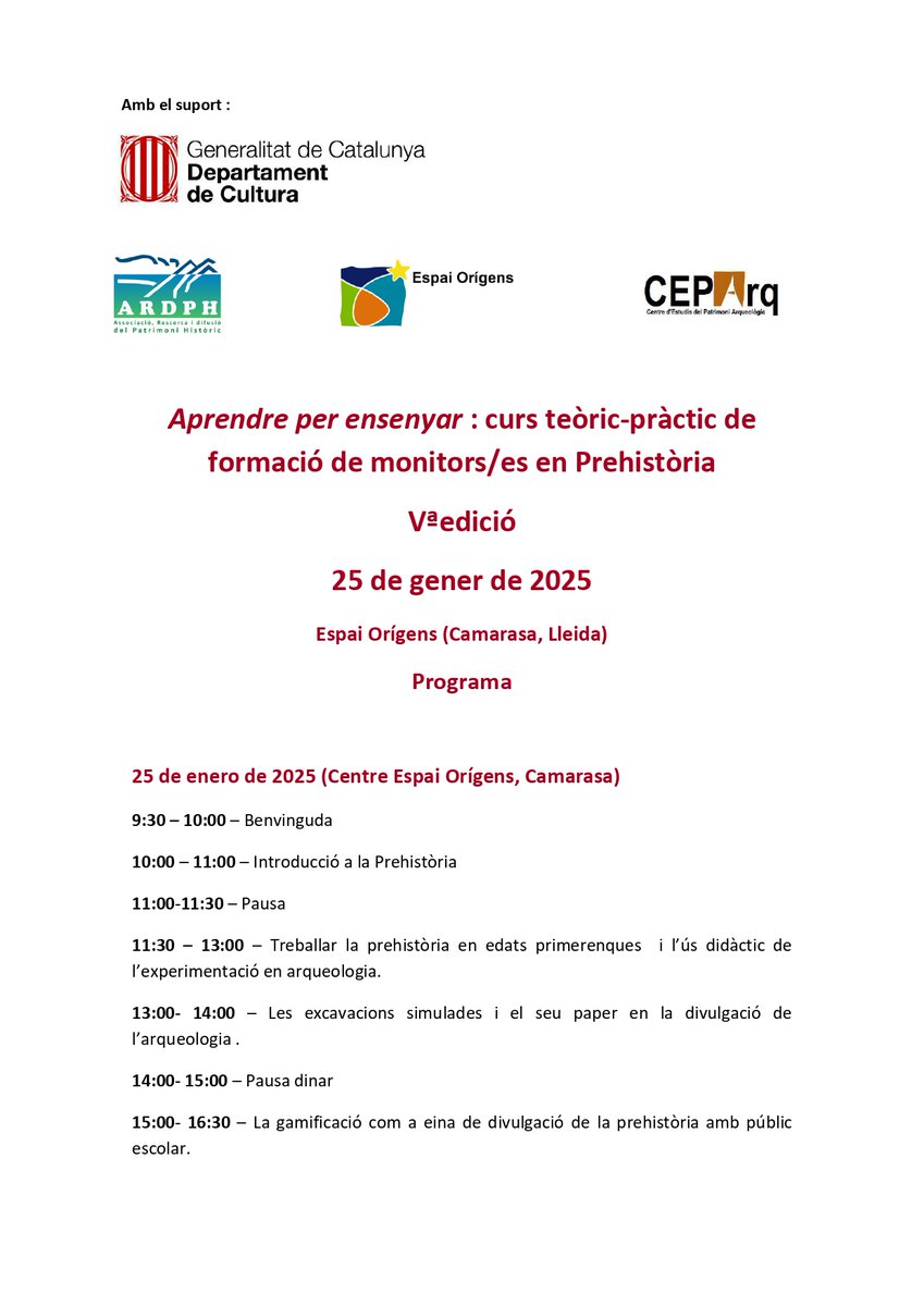 ADifusio's tweet photo. Arriba la V edició del curs "Aprendre per ensenyar: curs teòric- pràctic de formació de monitors/es en Prehistòria"! https://t.co/v7KzbKflIS