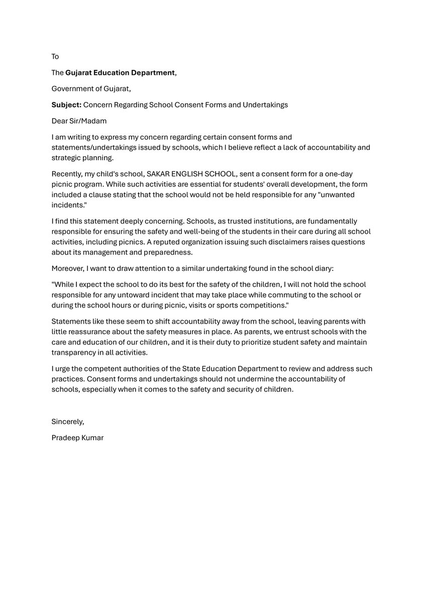 GudduVaishy's tweet photo. @EduMinOfGujarat Concerned about school disclaimers shifting accountability for student safety. Sharing my detailed thoughts in the attached post. Schools must prioritize responsibility, not avoid it. #StudentSafety #EducationAccountability #SakarEnglishSchool https://t.co/JqyOz3rwXl