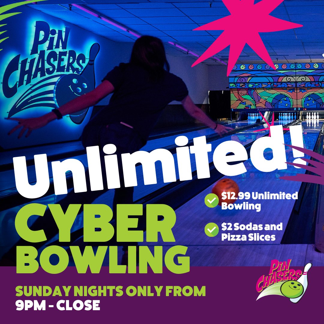 PinChasers's tweet photo. Bowling enthusiasts, unite! 🎳
This Sunday Funday, dive into the ultimate cyber savings and roll your way to an unforgettable bowling experience!
#pinchasers #pinchasersFL #bowling #bowlingtime #cyberbowling #cosmicstrikes #TampaFL #unlimitedbowling #cybersunday #sundayfunday https://t.co/jyALi7nOAo