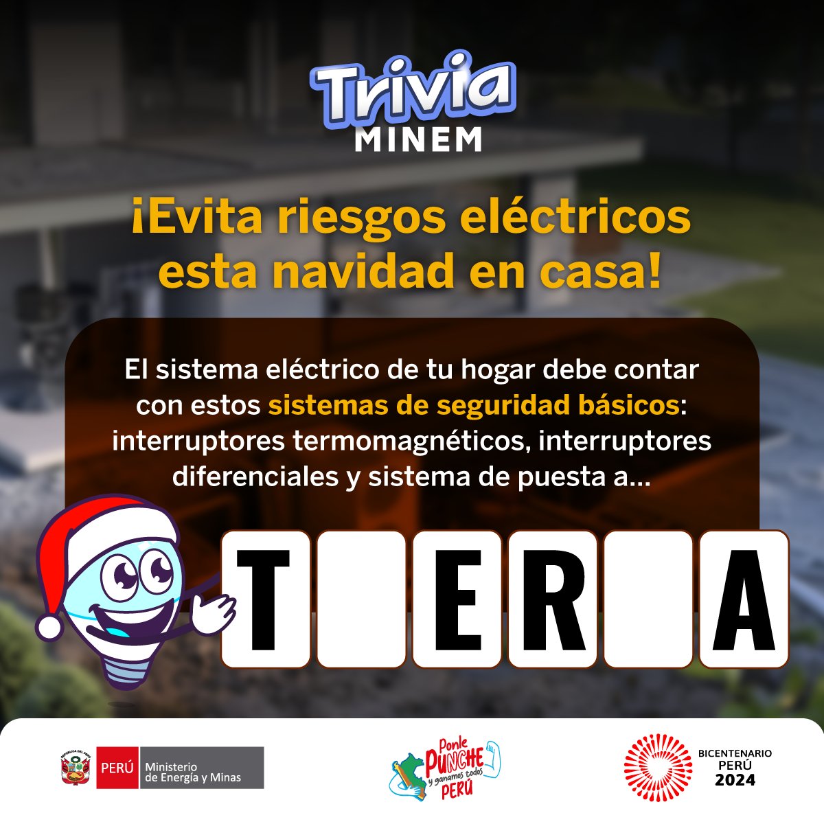 MinemPeru's tweet photo. ☝️ Para evitar riesgos eléctricos debes contar con estos sistemas de seguridad básicos en tu hogar 🏠
#TriviaMINEM https://t.co/r4VBViiWXs